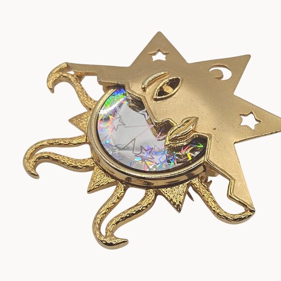 Gold-Toned Unique Sun/Moon Shiny Figural Statement Fashion Jewelry Brooch - Picture 5 of 9